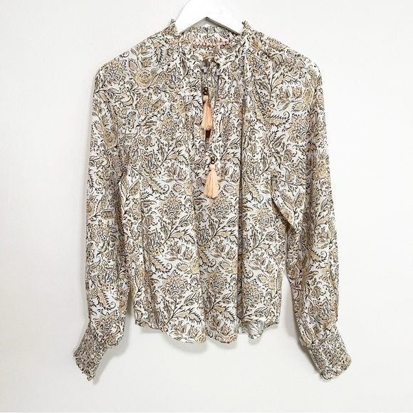 BOGO! Anthropologie Tie Neck Peasant Blouse Botanical Floral Print Size XS - Picture 4 of 10